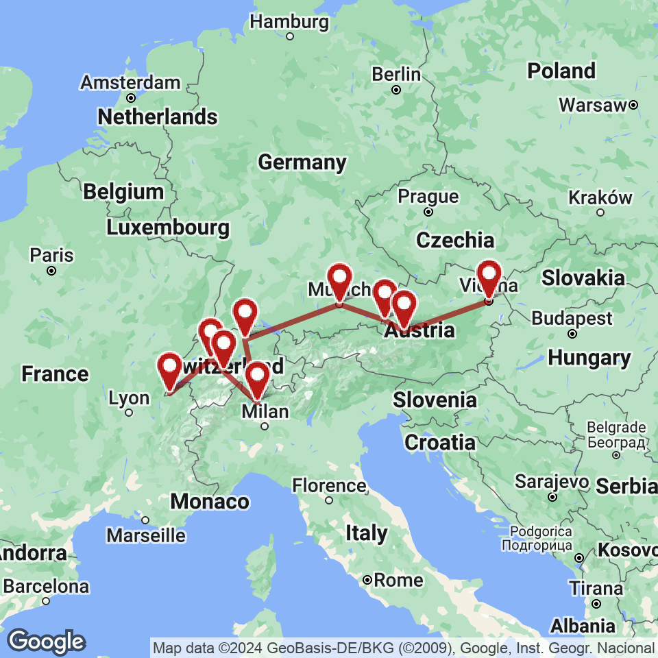 Route for Geneva, Bern, Interlaken, Lugano, Zurich, Munich, Salzburg, Hallstatt, Vienna tour